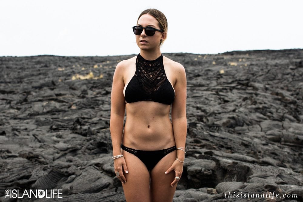 This Island Life: Black crochet on black lava by Lisa Maree