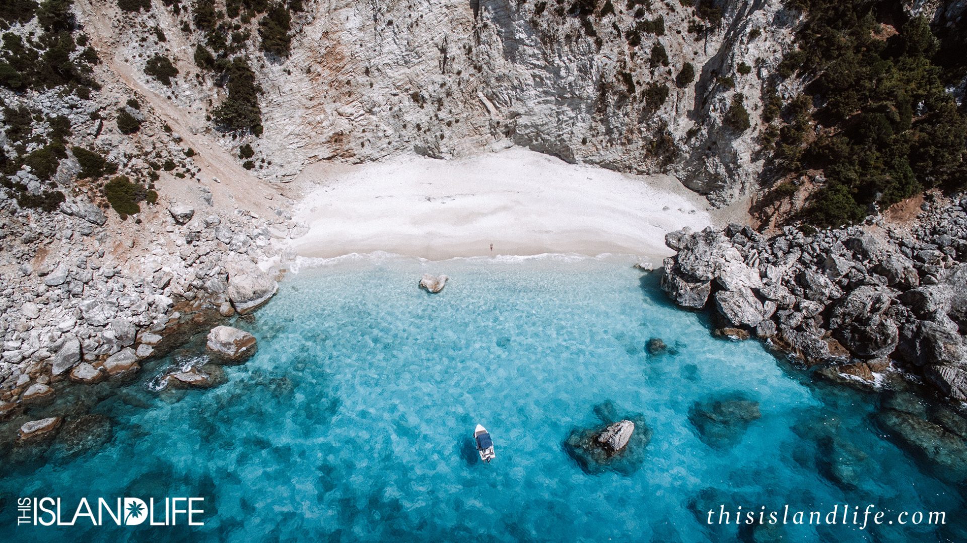 Drone photo of secret beach in Ithaca, Ionian Islands 