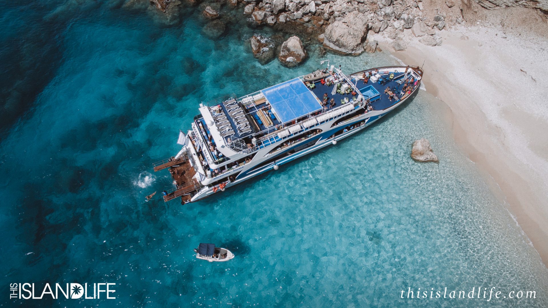 Drone photo of boat at secret beach on Ithaca Island