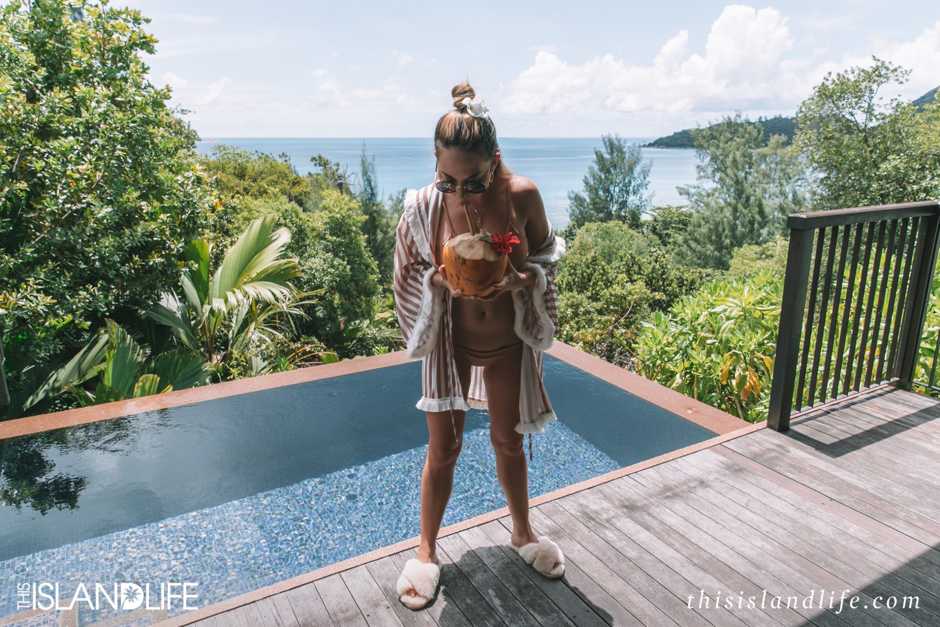 Travel blogger Laura McWhinnie from This Island Life at Raffles Seychelles on Praslin Island.