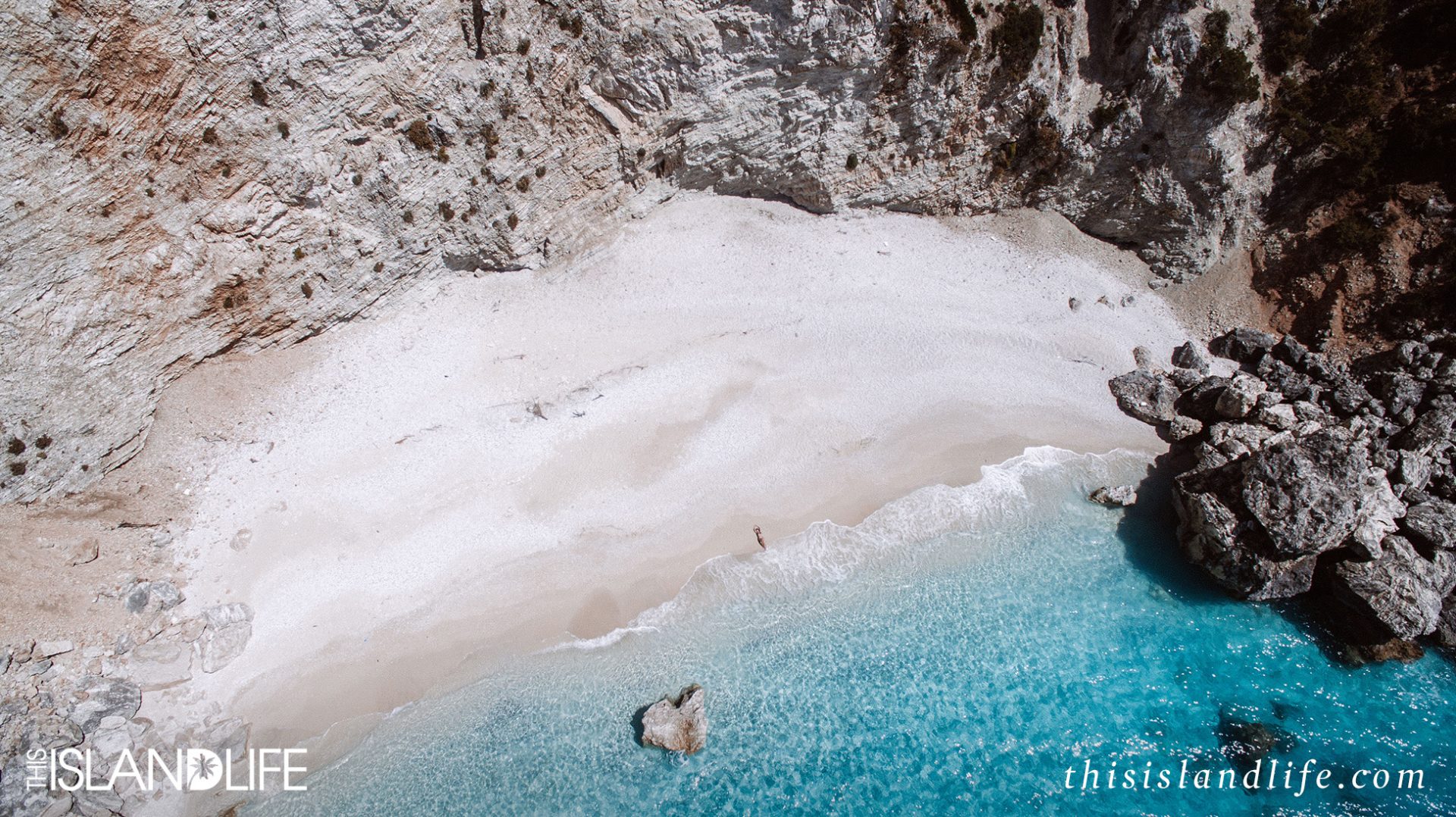 Drone photo of secret beach in Ithaca, Ionian Islands Greece