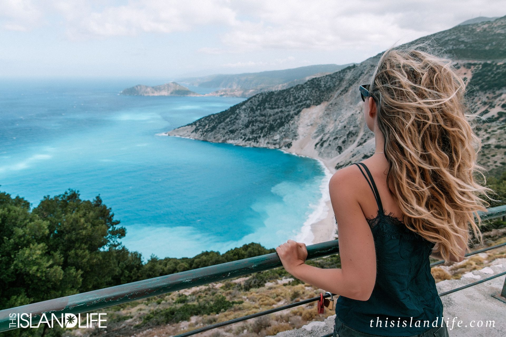 Girl looking at beach view on Kefalonia, Ionian Islands, Greece