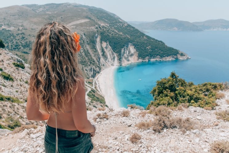 Girl at Myrtos Beach on Kefalonia Island, Greece